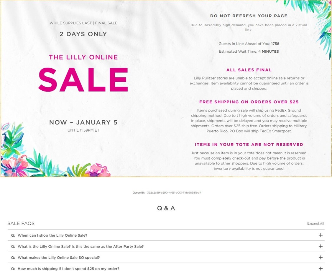 Lilly Pulitzer queue page with FAQ section