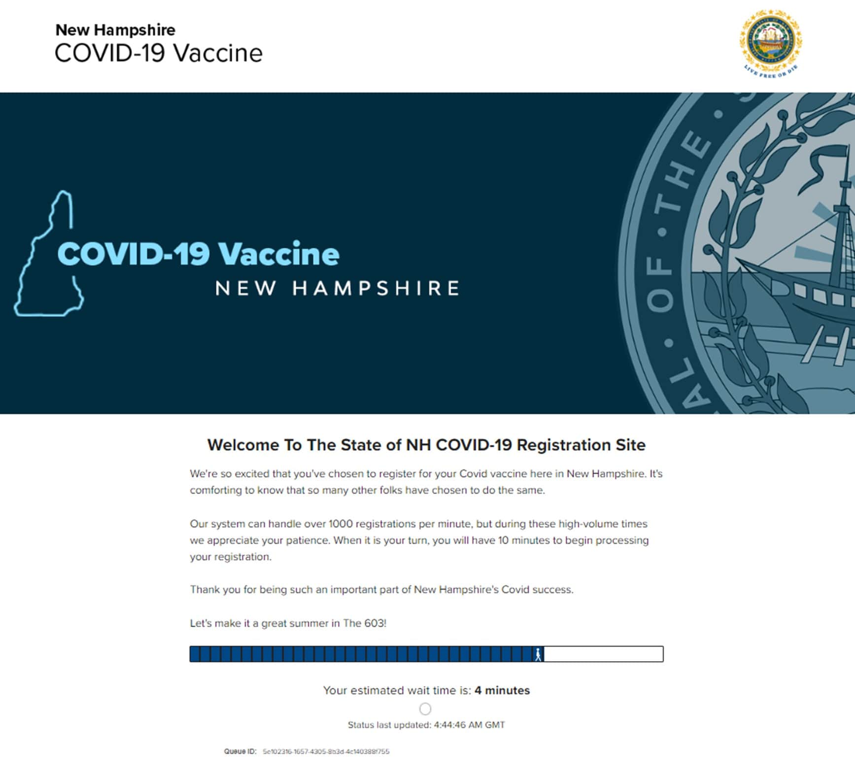 State of New Hampshire waiting room page for vaccinations